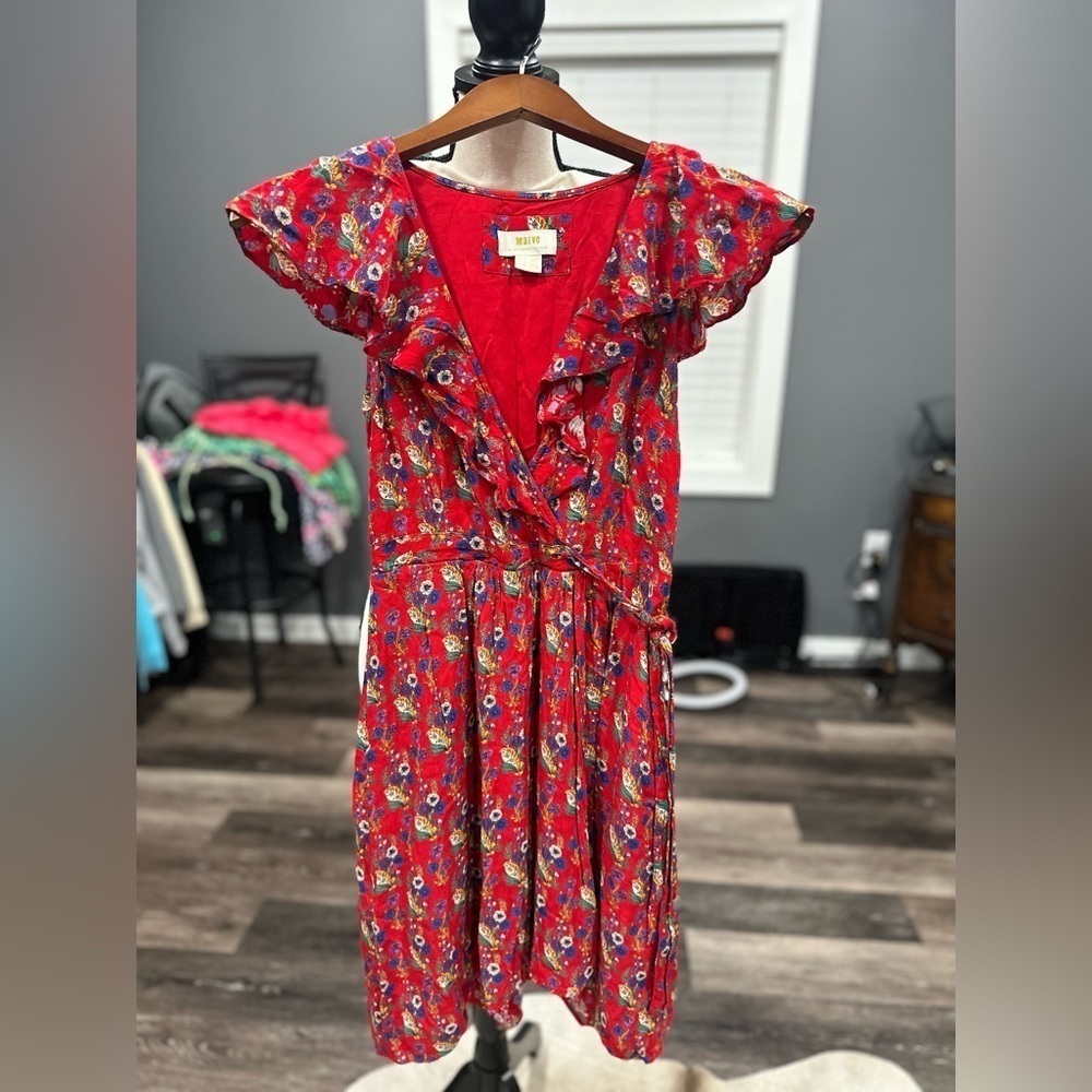 $150 Anthropologie Maeve Wrap Dress Red Floral Rosalia Ruffle Sleeveless Sz 0 - Picture 2 of 11